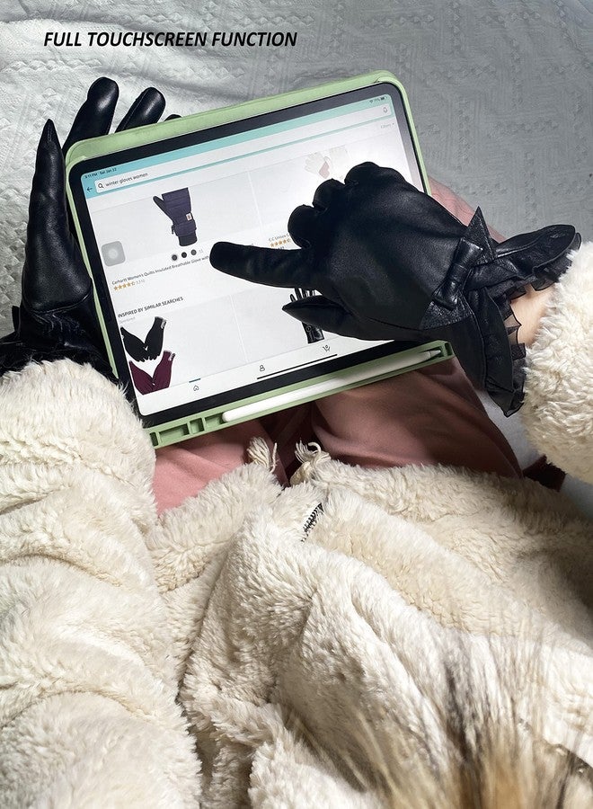 HELIDA Winter Fashion Gloves for Women Genuine Sheepskin Leather Warm Cashmere Lining Lace Bow Design Touchscreen Windproof Driving Gloves - Image 4